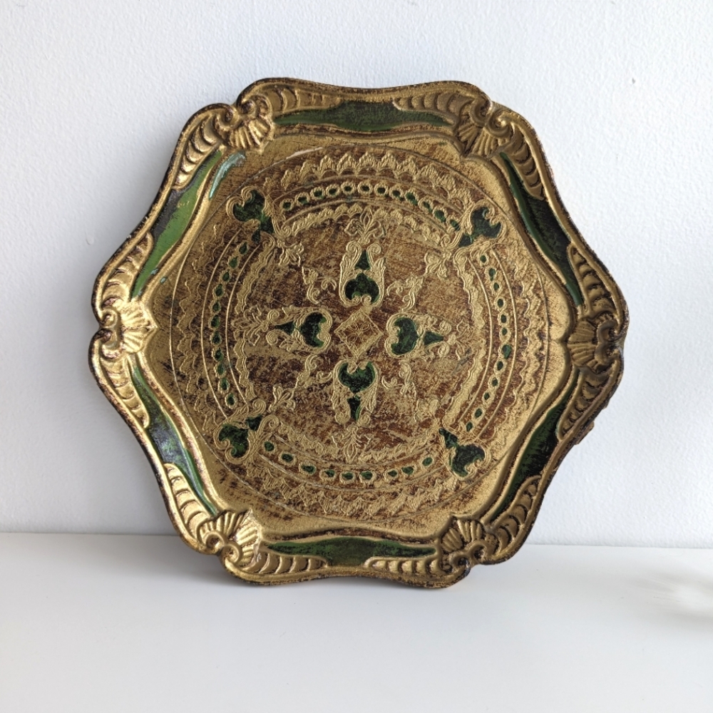 Vintage Wood Italian Florentine Embellished Gold Painted Tray Italy